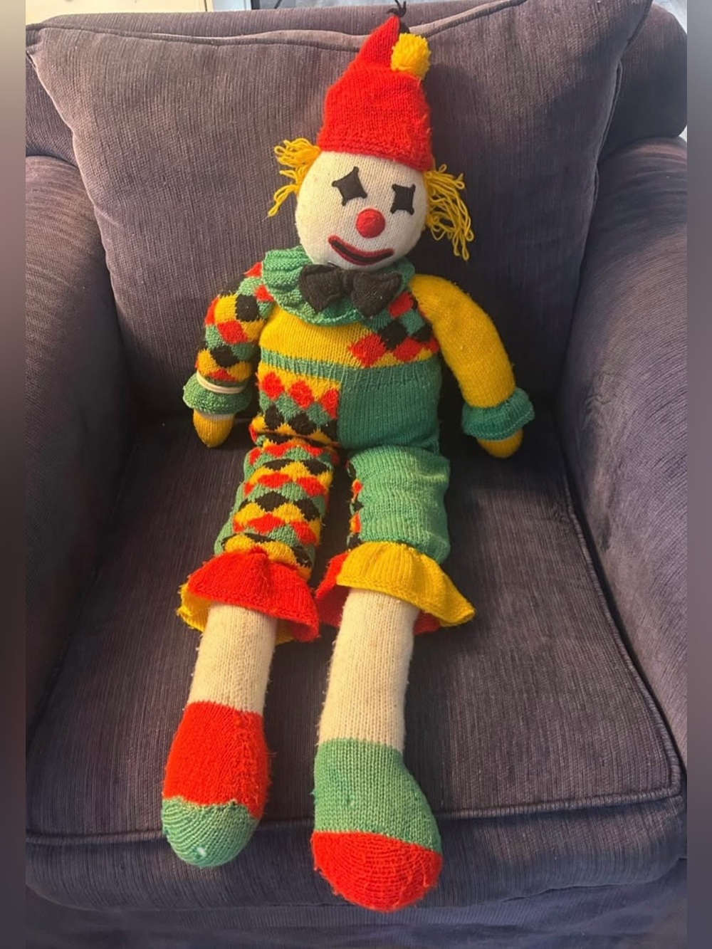 Homemade Knitted Crochet Clown Creepy Scary Vintage Halloween 36”. Some wear